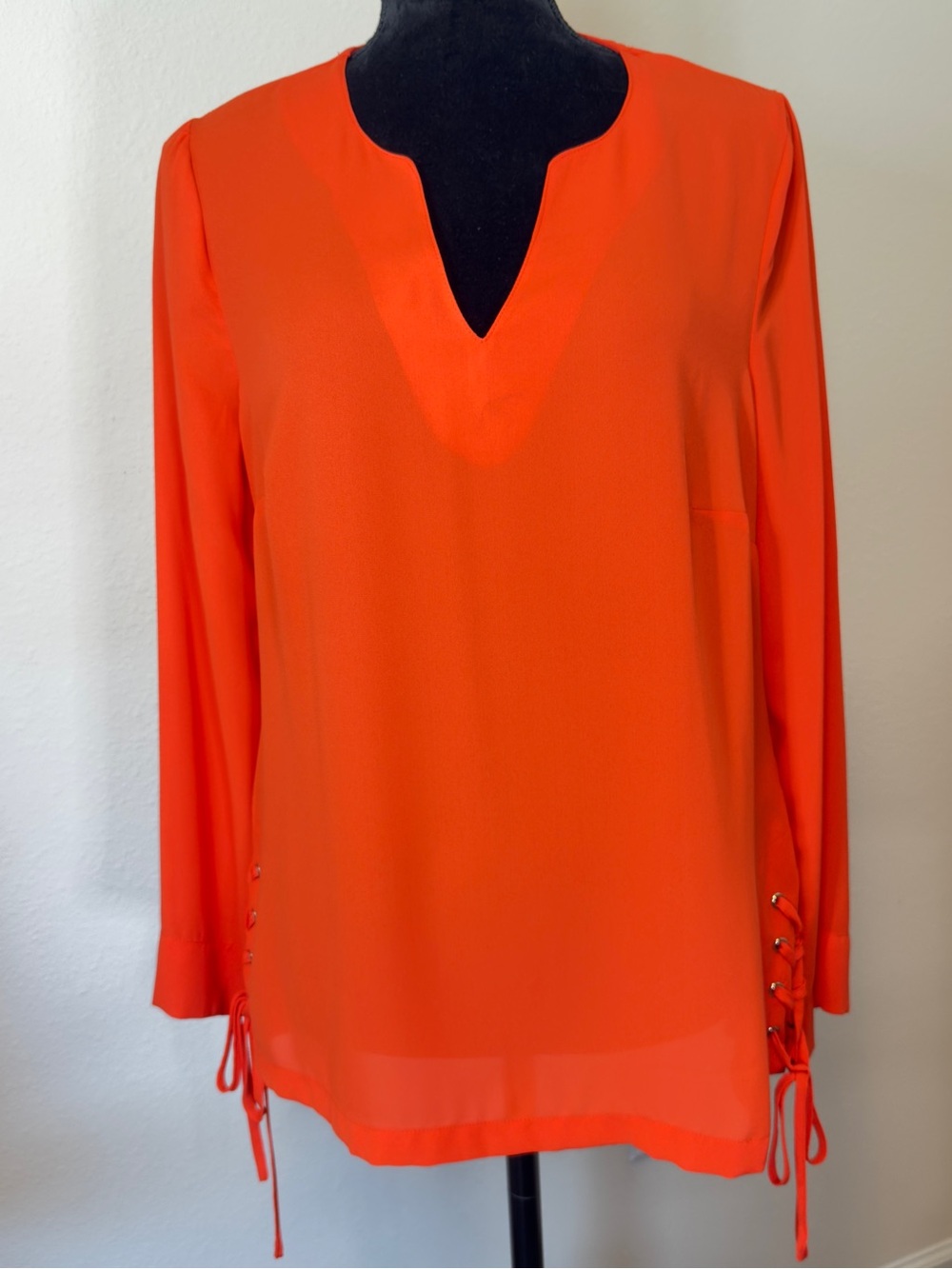 Rose & Olive Orange Long-Sleeve Split-Neck Tunic with Lace-Up Sides